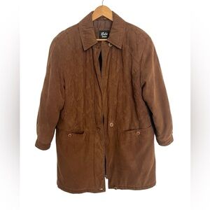 Vintage Brown Faux Suede Quilted Coat 90s Oversized Jacket Size 10